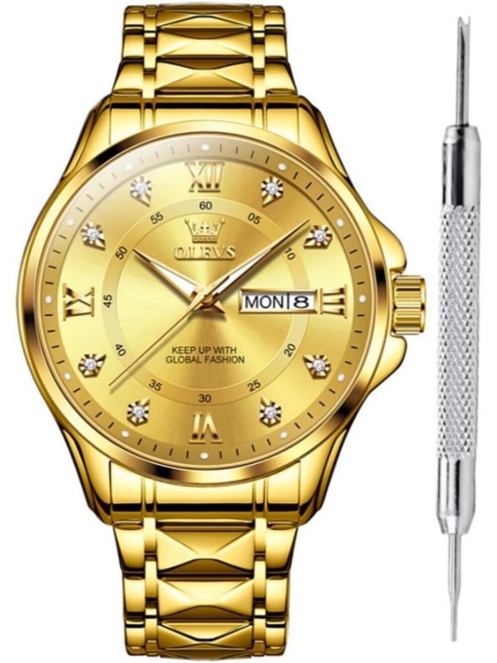 Olevs Men's Gold Stainless Steel Analog Quartz Waterproof Luminous Wrist Watch